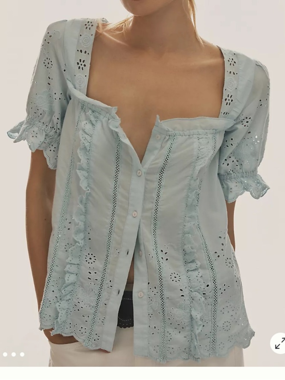 Anthropologie 3X plus size Light Blue Eyelet Ruffle Peasant Blouse